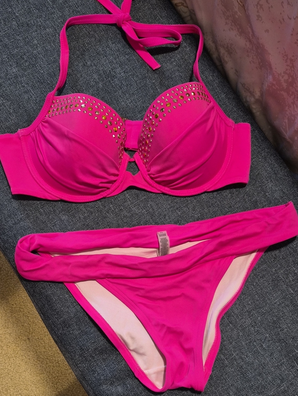 Victoria's Secret Hot Pink Studded Halter Bikini Set - Women Swim